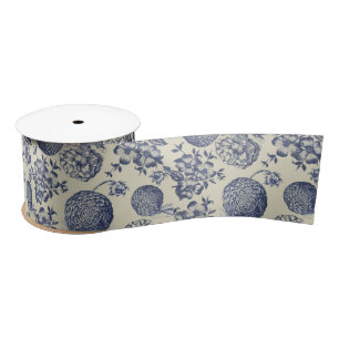 Antique Blue Toile Botanical Flower Print Floral Satin Ribbon