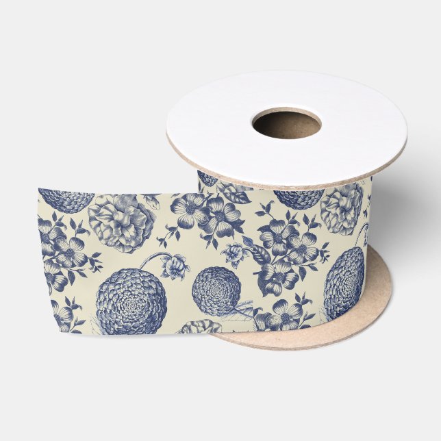 Antique Blue Toile Botanical Flower Print Floral Satin Ribbon (Spool)