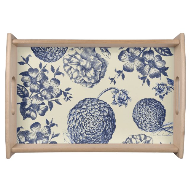 Antique Blue Toile Botanical Flower Print Floral Serving Tray (Front)