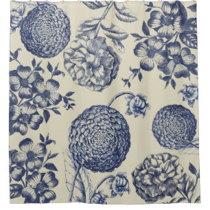 Antique Blue Toile Botanical Flower Print Floral Shower Curtain