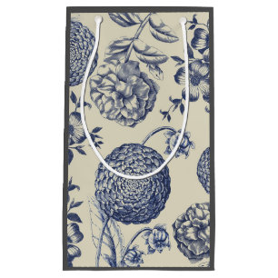 Antique Blue Toile Botanical Flower Print Floral Small Gift Bag