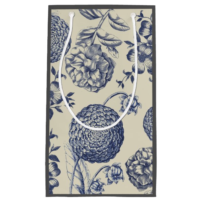 Antique Blue Toile Botanical Flower Print Floral Small Gift Bag (Front)