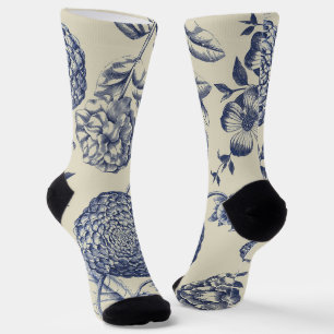 Antique Blue Toile Botanical Flower Print Floral Socks