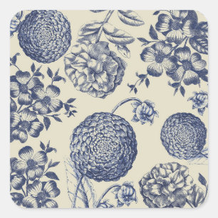 Antique Blue Toile Botanical Flower Print Floral Square Sticker