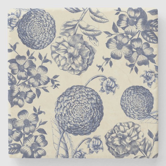 Antique Blue Toile Botanical Flower Print Floral Stone Coaster (Front)