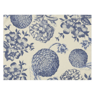Antique Blue Toile Botanical Flower Print Floral Tablecloth