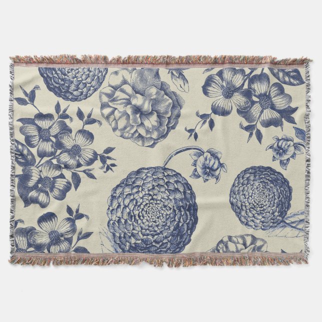 Antique Blue Toile Botanical Flower Print Floral Throw Blanket (Front)