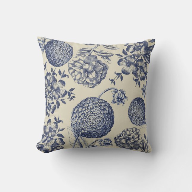 Antique Blue Toile Botanical Flower Print Floral Throw Pillow (Front)