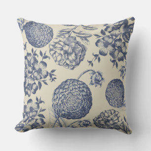 Antique Blue Toile Botanical Flower Print Floral Throw Pillow