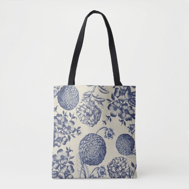 Antique Blue Toile Botanical Flower Print Floral Tote Bag (Front)