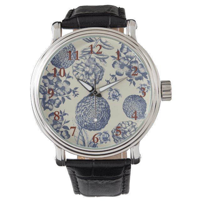 Antique Blue Toile Botanical Flower Print Floral Watch (Front)