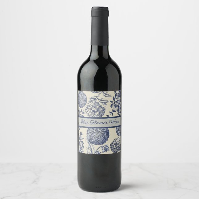 Antique Blue Toile Botanical Flower Print Floral Wine Label (Front)