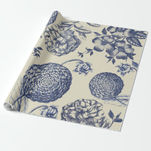 Antique Blue Toile Botanical Flower Print Floral Wrapping Paper