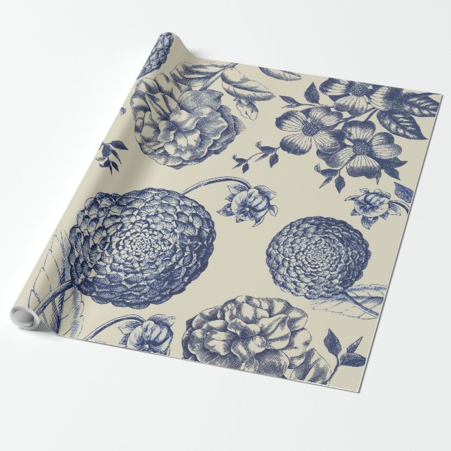 Antique Blue Toile Botanical Flower Print Floral Wrapping Paper (Unrolled)