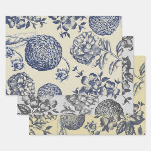 Antique Blue Toile Botanical Flower Print Floral Wrapping Paper Sheets