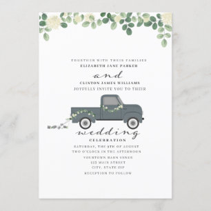 Antique Blue Truck With Tin Cans Wedding Invitation