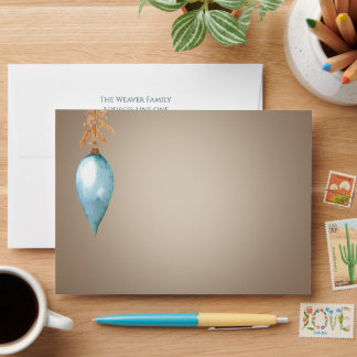 Antique Blue Watercolor Bauble Tan Christmas Envelope