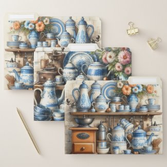 Antique Blue White Coffee Set on Shelf 