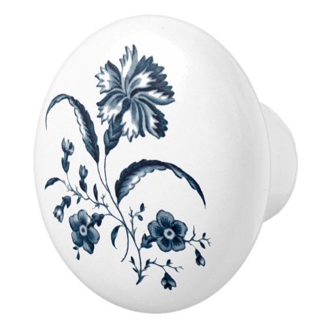 Antique Blue & White Flower Print Ceramic Knob (Right)