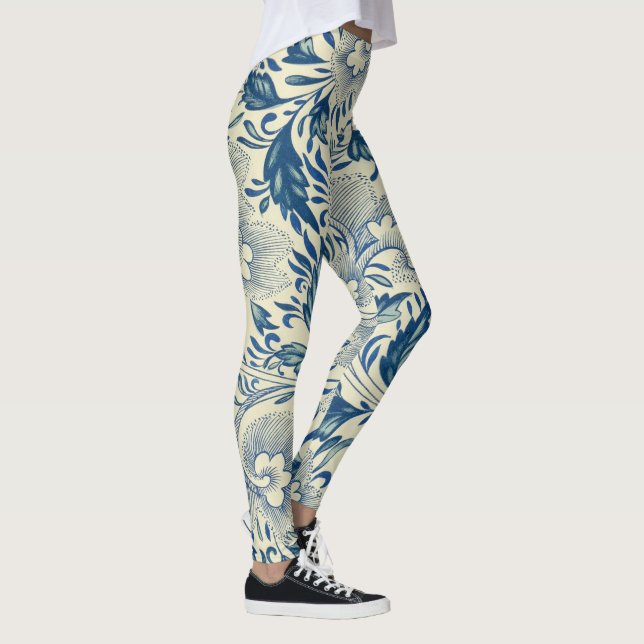 Antique Blue & White Oriental Flower Pattern Yoga Leggings (Right)