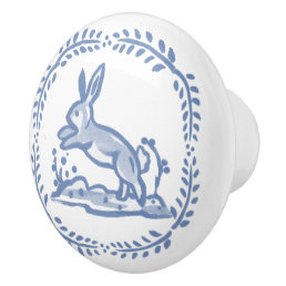 Antique Blue White Rabbit Delft Dedham Ceramic Knob