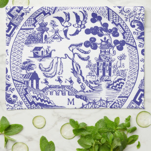Antique Blue Willow China Pattern Vintage Monogram Kitchen Towel