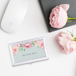Antique Blush Pink Peony Case For Business Cards<br><div class="desc">Elegant and feminine business card case in chic pastel mint sage green features a canopy of blush pink watercolor peony flowers blooming from the top. Personalize with your name,  monogram or business name in modern off-black lettering.</div>