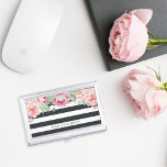Antique Blush Pink Peony & Charcoal Stripe Case For Business Cards<br><div class="desc">Elegant and feminine business card case in chic off-black charcoal stripes features a canopy of blush and sage watercolor peony flowers blooming from the top. Personalize with your name,  monogram or business name in modern off-black lettering.</div>