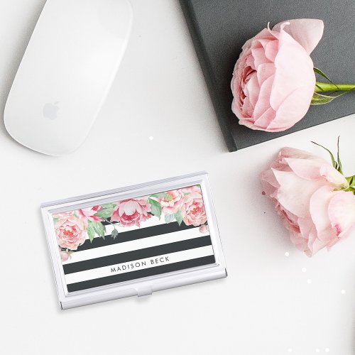 Antique Blush Pink Peony  Charcoal Stripe Case For Business Cards