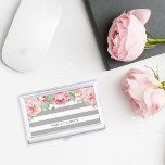 Antique Blush Pink Peony & Gray Stripe Business Card Holder<br><div class="desc">Elegant and feminine business card case in chic gray-beige taupe stripes features a canopy of blush and sage watercolor peony flowers blooming from the top. Personalize with your name,  monogram or business name in modern off-black lettering.</div>