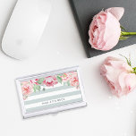 Antique Blush Pink Peony & Sage Stripe Business Card Holder<br><div class="desc">Elegant and feminine business card case in chic pastel sage mint green stripes features a canopy of blush and sage watercolor peony flowers blooming from the top. Personalize with your name,  monogram or business name in modern off-black lettering.</div>