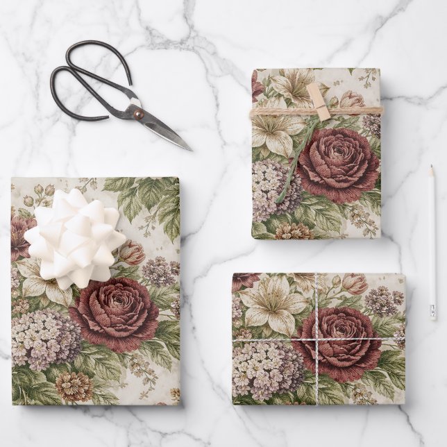 Antique Blush Rose Garden Pattern Wrapping Paper Sheets (Front)