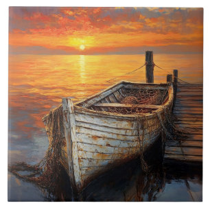 Antique Boat Fishing Nets by the Dock Ceramic Tile