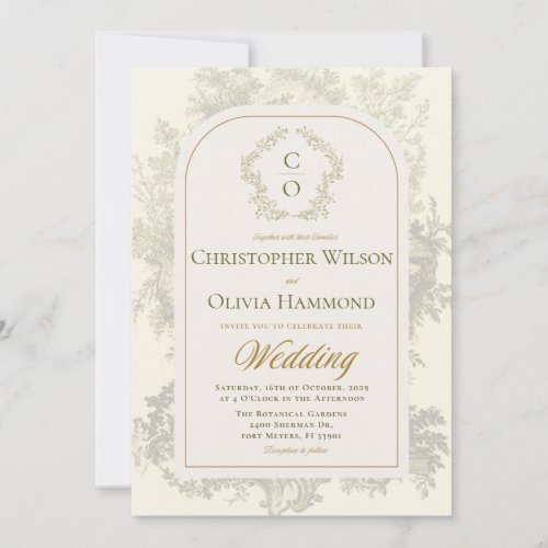 Antique Bohemian Toile Sage Green & Cream Wedding Invitation