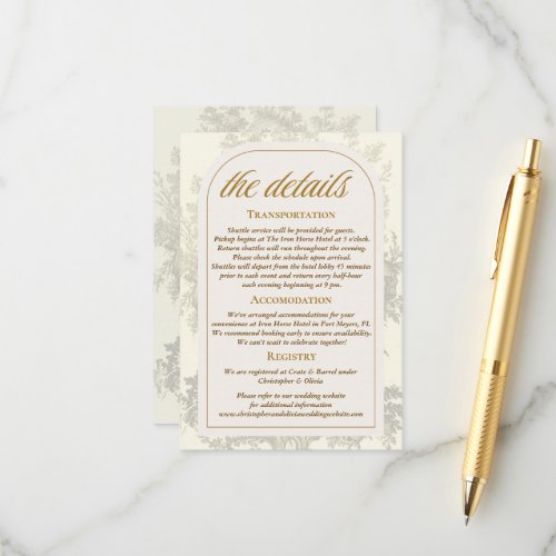 Antique Bohemian Toile Sage Green Wedding Enclosure Card