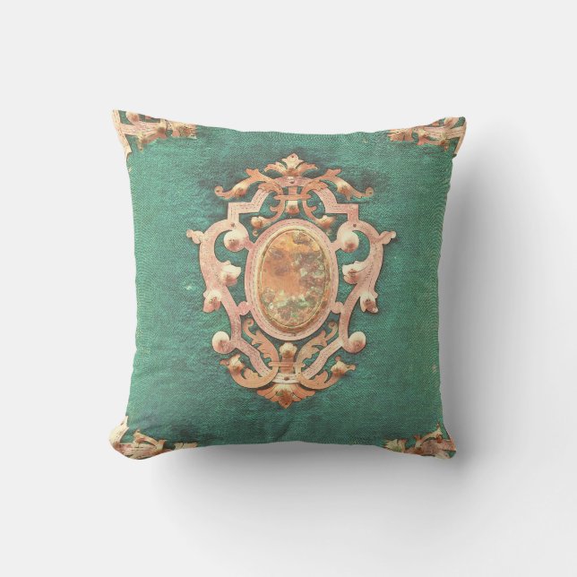 Antique book brass and green elegant victorian throw pillow (Front)