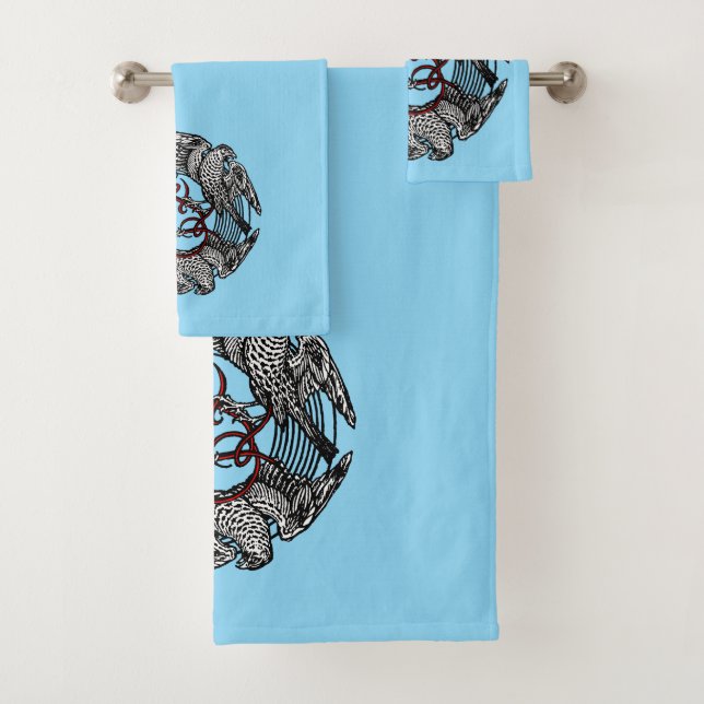 Antique Bookplate Three Hawks William de Morgan Bath Towel Set (Insitu)