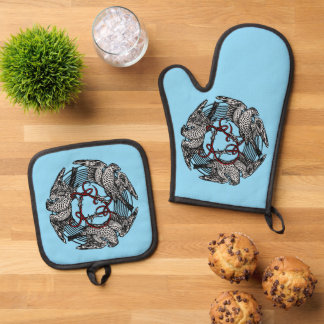Antique Bookplate Three Hawks William de Morgan Oven Mitt & Pot Holder Set