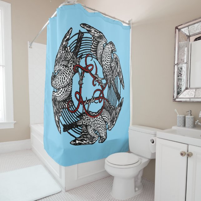 Antique Bookplate Three Hawks William de Morgan Shower Curtain (In Situ)