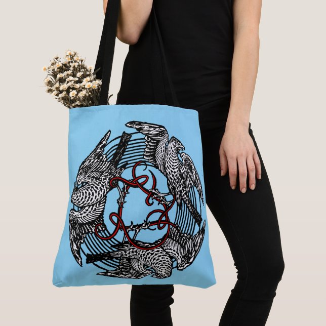 Antique Bookplate Three Hawks William de Morgan Tote Bag (Close Up)