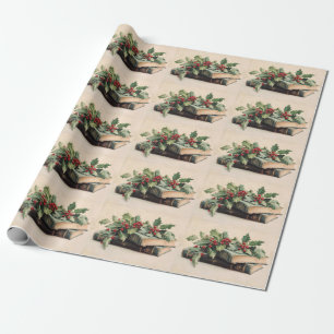 ANTIQUE BOOKS AND HOLLYBERRIES Christmas Pattern Wrapping Paper