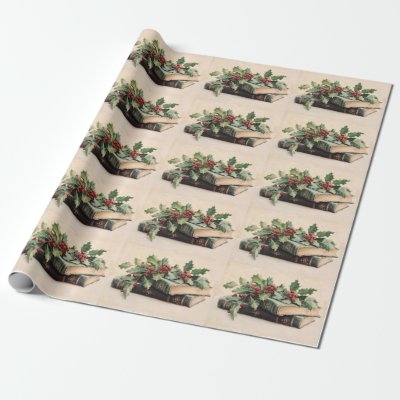 ANTIQUE BOOKS AND HOLLYBERRIES  Christmas Pattern Wrapping Paper
