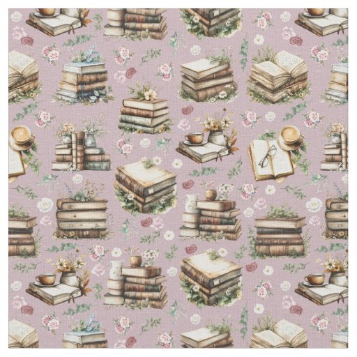 Antique Books & Flowers on Light Dusty Pink Fabric