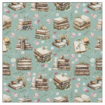 Antique Books &amp; Flowers on Light Viridian Green Fabric
