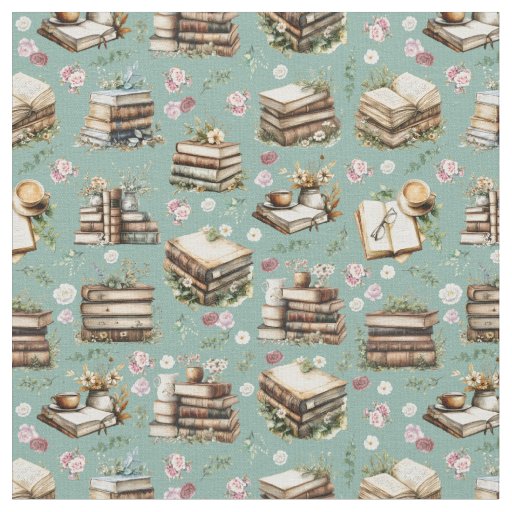 Antique Books & Flowers on Light Viridian Green Fabric
