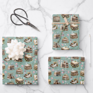 Antique Books & Flowers on Light Viridian Green Wrapping Paper Sheets
