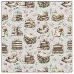 Antique Books &amp; Flowers on Pale Gray Fabric
