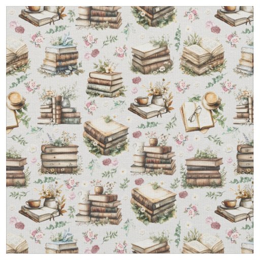 Antique Books & Flowers on Pale Gray Fabric