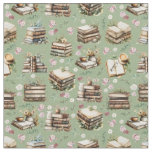 Antique Books &amp; Flowers on Sage Green Fabric