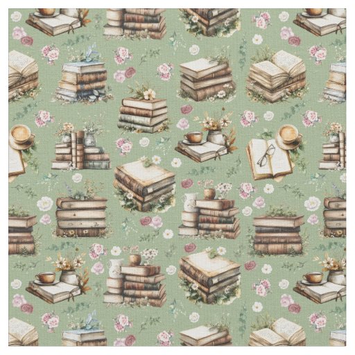 Antique Books & Flowers on Sage Green Fabric